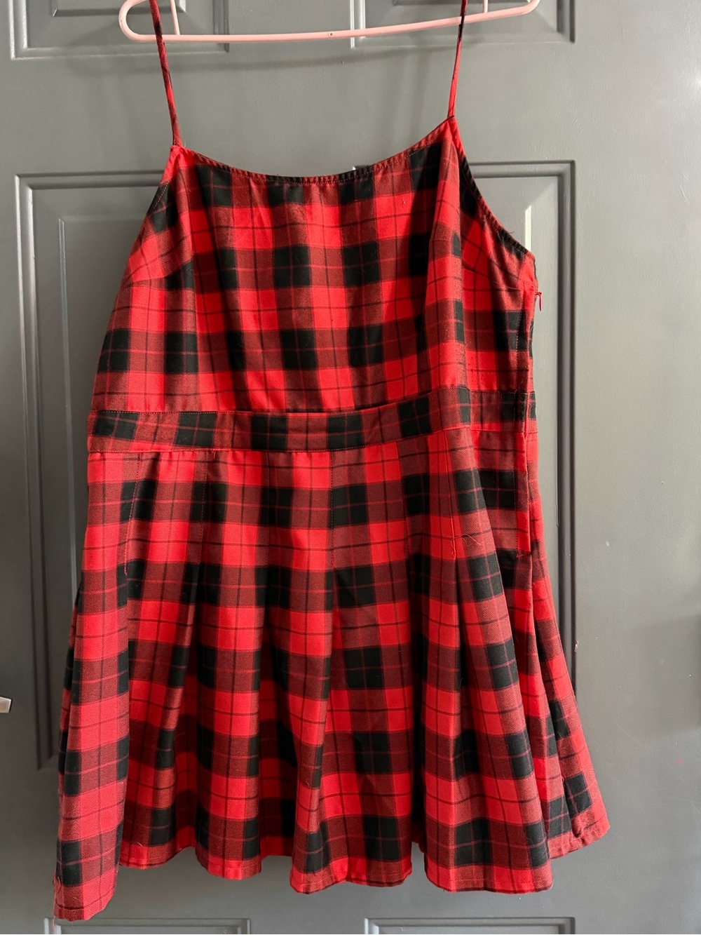 H&M Red and Black Plaid Midi Dress with Spaghetti Straps
